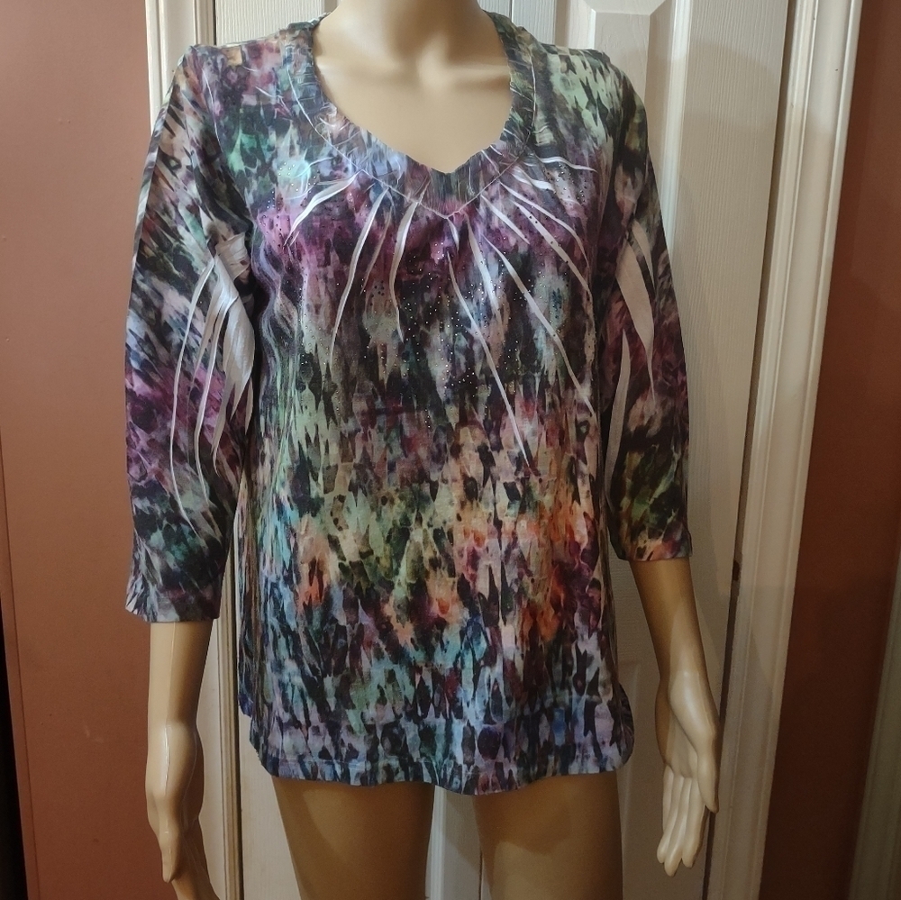Chico’s Size 2 Multicolor Abstract Print Tunic Top 3/4 Sleeve Boho Blouse